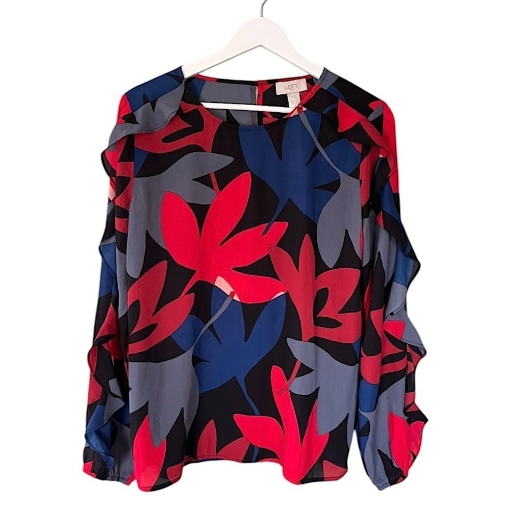 NWT Loft Outlet Women’s Floral‎ Ruffle Sleeve Round Neck Blouse Blue Red Small